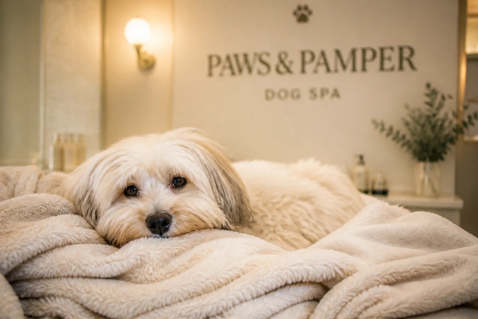 A relaxed hound resting peacefully in a quiet spa setting
