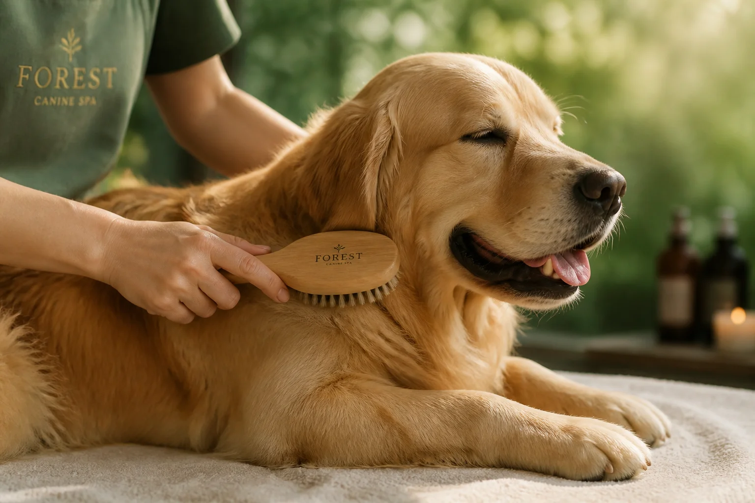 Gentle hands carefully brushing a soft-coated hound