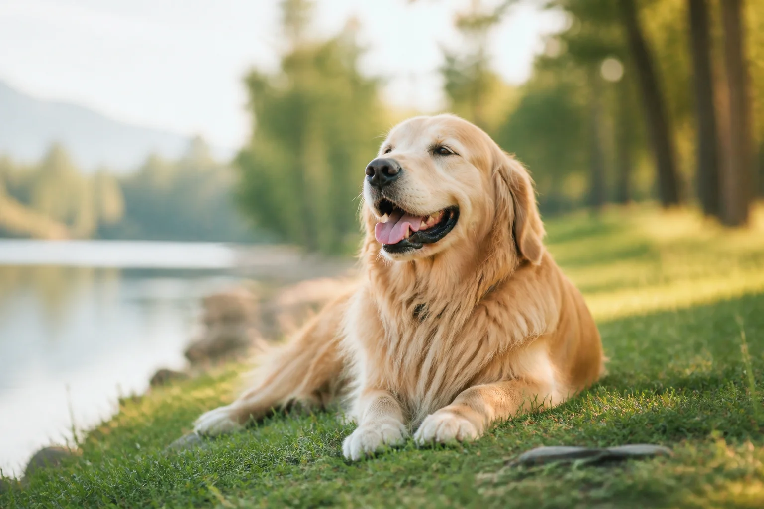A happy relaxed dog enjoying a peaceful outdoor moment